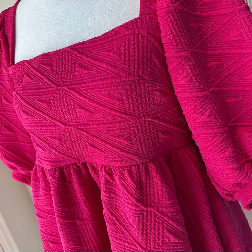 Free People Pink Violet Textured Puff Sleeve Square Neck Babydoll Mini Dress